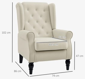 HOMCOM Scaun Decorativ Capitonat cu Spatar Inalt, Cotiere Rotunjite Captusite și Sezut cu Captuseala Groasa, Alb Crem | Aosom Romania