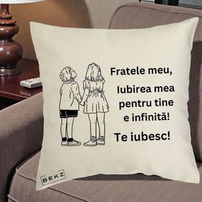 Cadou pentru Frate - Perna Personalizata Fratele Meu Te Iubesc Copii Tinand Maini Line Art, 40x40 cm, Ecru, Husa Detasabila, Perna Inclusa, BEKZ®