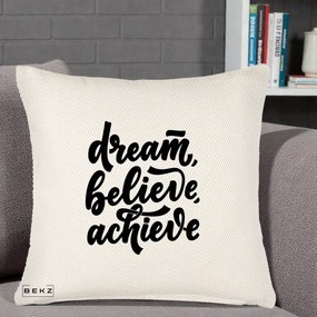 Perna Decorativa Dream Believe Achieve, 40x40 cm, Crem Reliefat, Husa Detasabila, Perna Inclusa, BEKZ®