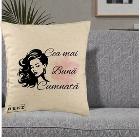 Cadou pentru Cumnata - Perna Personalizata Cea mai Buna Cumnata cu Silueta Dama si Pete Roz, 40x40 cm, Bej, Husa Detasabila, Perna Inclusa, BEKZ®