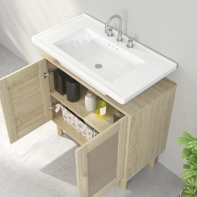 HOMCOM Mobila baie sub chiuveta mobilier sub chiuveta usi din rachita picioare din lemn de pin 2 nivele 60 x 30 x 60 cm stejar | Aosom Romania