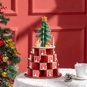 Calendar Advent de Craciun din lemn, cu lumini LED, pentru copii si adulti, rosu si verde HOMCOM | Aosom Romania