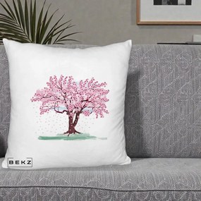 Perna Decorativa Cires Inflorit Acuarela, 40x40 cm, Alb Pufos, Husa Detasabila, Perna Inclusa, BEKZ®