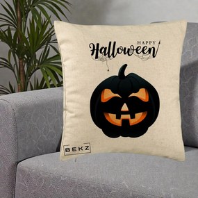 Perna Decorativa Happy Halloween Dovleac Negru cu Paianjen, 40x40 cm, Bej, Husa Detasabila, Perna Inclusa, BEKZ®