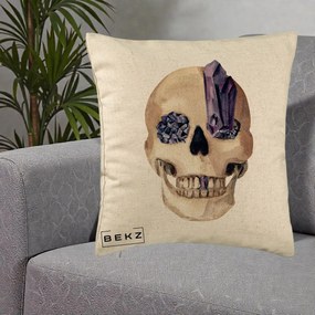 Perna Decorativa Craniu cu Cristale de Ametist, 40x40 cm, Bej, Husa Detasabila, Perna Inclusa, BEKZ®