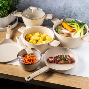 Set oale si tigai antiaderente cu capace Klausberg KB7833, bej, 16/20/24/28 cm, design modern, potrivite pentru toate tipurile de plita
