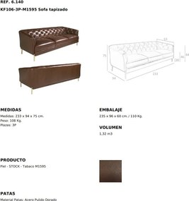 Canapea 3 locuri din piele naturala capitonata Cowhide leather brown