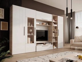 Mobilier living SMERA – 300x45x196 cm – Alb lucios / Sonoma