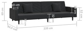 Canapea extensibila cu 2 locuri, 2 perne, negru, catifea Negru, Fara scaunel pentru picioare Fara scaunel pentru picioare