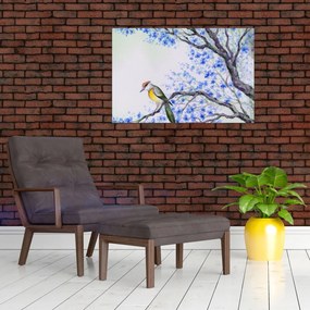 Tablou - Pasăre pe un copac cu flori albastre (90x60 cm)