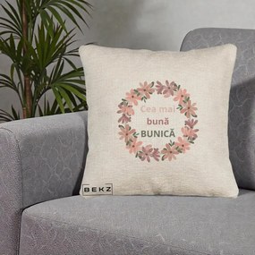 Cadou pentru Bunica - Perna Personalizata Cea Mai Buna Bunica Coronita Flori Roz, 40x40 cm, Bej Canapea, Husa Detasabila, Perna Inclusa, BEKZ®