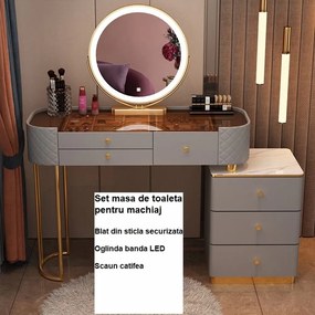 RESIGILAT-Set RANIA, Masă de toaletă pentru machiaj cu oglindă iluminată LED, control touch, 6 sertare, comoda, scaun, Gri