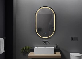 RESIGILAT- Oglinda baie, Multifuncțională, Iluminare LED 3 culori, Ceas încorporat, Sistem Dezaburire, Rama Negru, 50x80 cm