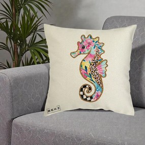 Perna Decorativa Calut de Mare Glitter Tropical, 40x40 cm, Ecru, Husa Detasabila, Perna Inclusa, BEKZ®