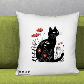 Perna Decorativa Pisica Neagra Flori Rosii Folk, 40x40 cm, Alb Pufos, Husa Detasabila, Perna Inclusa, BEKZ®