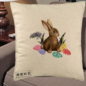 Perna Decorativa Iepuras cu Oua de Pasti Acuarela, 40x40 cm, Bej, Husa Detasabila, Perna Inclusa, BEKZ®