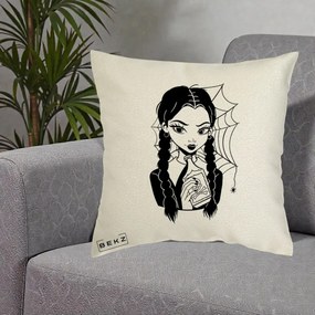 Perna Personalizata Wednesday cu Panza de Paianjen, 40x40 cm, Ecru, Husa Detasabila, Perna Inclusa, BEKZ®