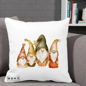 Perna Decorativa Gnomi de Craciun Patru, 40x40 cm, Alba Mata, Husa Detasabila, Perna Inclusa, BEKZ®