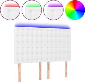 vidaXL Tăblie de pat cu LED, alb, 144x5x118/128 cm, piele ecologică