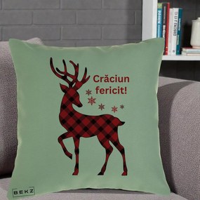 Perna Decorativa Ren Tartan Craciun Fericit, 40x40 cm, Verde, Husa Detasabila, Perna Inclusa, BEKZ®