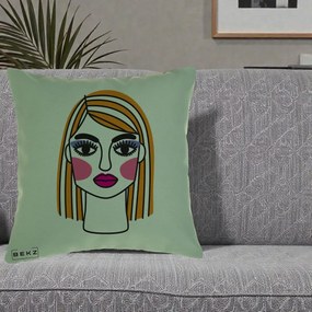 Perna Decorativa Portret Pop Art Fata, 40x40 cm, Verde, Husa Detasabila, Perna Inclusa, BEKZ®