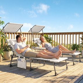 Outsunny Set de 2 Șezlonguri Pliabile cu Pernă pentru Cap Copertină Buzunar Lateral și Spătar Reglabil în 5 Poziții Crem | Aosom Romania