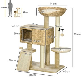 PawHut Arbore de Zgâriat pentru Pisici cu Căsuță, Stâlp și Bilă de Joc, Turn pentru Pisici din Lemn, 60x40x95 cm, Bej | Aosom Romania
