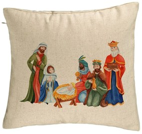 Perna Decorativa cu tematica de Craciun, Isus - Darul lui Dumnezeu, 40x40 cm, Bej, Husa Detasabila, Burduf