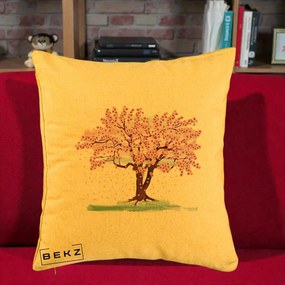 Perna Decorativa Cires Inflorit Acuarela, 40x40 cm, Galben, Husa Detasabila, Perna Inclusa, BEKZ®