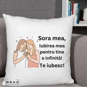 Cadou pentru Sora - Perna Personalizata Sora Mea Te Iubesc Imbratisare cu Sclipiri, 40x40 cm, Alb Pufos, Husa Detasabila, Perna Inclusa, BEKZ®