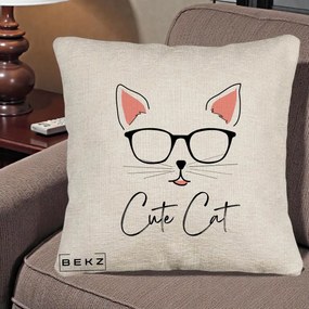 Perna Personalizata Cute Cat cu Ochelari, 40x40 cm, Bej Canapea, Husa Detasabila, Perna Inclusa, BEKZ®