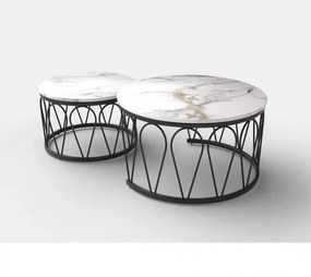 Set 2 masute cafea FORMOSA, alb cu efect de marmura/negru, ceramica/ot