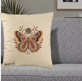 Perna Decorativa Fluture Boho Floral, 40x40 cm, Bej, Husa Detasabila, Perna Inclusa, BEKZ®