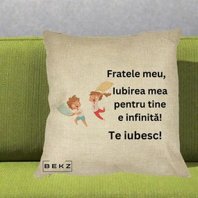 Cadou pentru Frate - Perna Personalizata Fratele Meu Te Iubesc Copii Batalie Perne, 40x40 cm, Crem, Husa Detasabila, Perna Inclusa, BEKZ®
