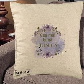 Cadou pentru Bunica - Perna Personalizata Cea Mai Buna Bunica Flori Mov Acuarela Auriu, 40x40 cm, Bej, Husa Detasabila, Perna Inclusa, BEKZ®