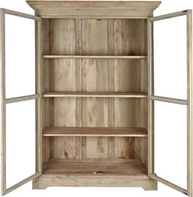 Vitrină rustică din lemn reciclat, natur, cu 2 uși vitrate, 3 rafturi și console sculptate, finisaj natural, 209 x 130 x 55 cm, „Pastel”