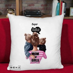 Cadou pentru Mama - Perna Personalizata Super Mama Mom of Girls, 40x40 cm, Alb Pufos, Husa Detasabila, Perna Inclusa, BEKZ®