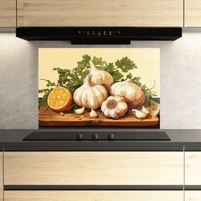 Panou Sticla Bucatarie, 80x120cm, Protectie aragaz, Antistropi, Termorezistent, Alimente, Condimente, Garlic Lemon