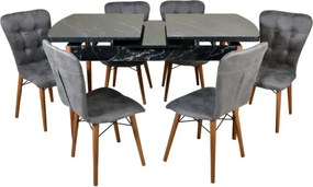 Set masa extensibila cu 6 scaune tapitate Homs cristal  negru-gri 170 x 80 cm