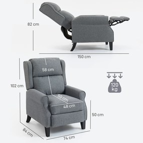 HOMCOM Fotoliu Reclinabil 132° max din Țesătură cu Efect de In cu Suport pentru Picioare, 74x84x102 cm, Gri | Aosom Romania