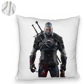 Perna Decorativa Fluffy cu The Witcher 2, 40x40 cm, Alba, Husa Detasabila, Burduf