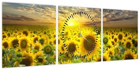 Tablou - Floarea-soarelui la apus de soare (cu ceas) (90x30 cm)