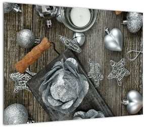 Tablou pe sticlă - decorațiuni argintii de Crăciun (70x50 cm)