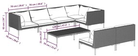 Set mobilier de gradina cu perne, 8 piese, gri inchis poliratan 3x colt + 4x mijloc + masa, 1