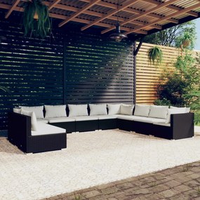 3102431 vidaXL Set mobilier de grădină cu perne, 10 piese, negru, poliratan
