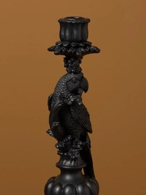 Sfeșnic din rășină cu papagal pe piedestal sculptat, negru antichizat-auriu, finisaj patinat, 33,5×11 cm, „Perroquet"