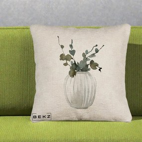 Perna Decorativa Vaza cu Eucalipt Watercolor, 40x40 cm, Bej Canapea, Husa Detasabila, Perna Inclusa, BEKZ®