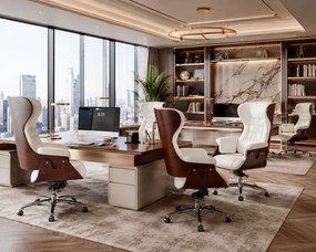 EXECUTIVE IMPERIAL – Scaun Directorial Premium, Tapițerie din Microfibră PU Calitativă, Furnir Curbat Finisaj Nuc, Funcție de Înclinare și Reglaj pe Înălțime Bază din Aluminiu, Alb