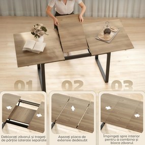 HOMCOM Masă de Luat Masa Extensibilă pentru 6-8 Persoane cu Panouri Detașabile, 140-180cm Masă Rectangulară Extensibilă cu Bază din Oțel, Stil Industrial, pentru Sufragerie, Culoare Lemn | Aosom Romania