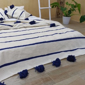 Pătură Maroc țesută manual, albă cu dungi albastre, bumbac, 250x150 cm